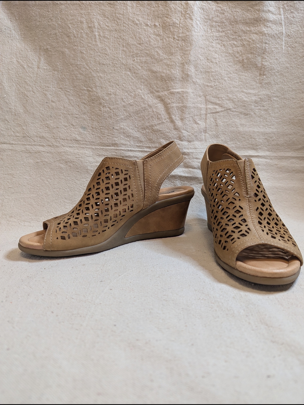 Earth Taupe Laser-Cut Peep-Toe Wedges